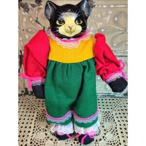 Vintage Dept 56 Clarissa Handpainted Cat Kitten Doll in Colorful Dress w/ Stand